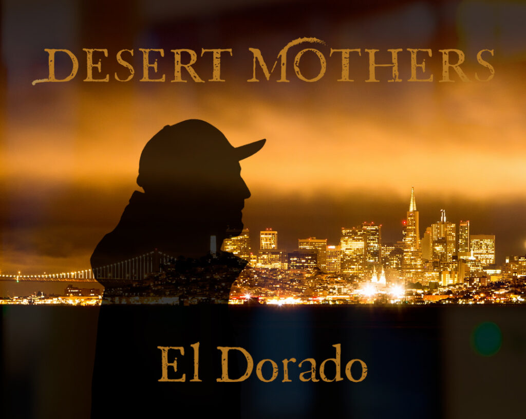 Image for the song El Dorado: close up profile silhouette of a man walking across distant view of San Francisco at night, glowing and golden.